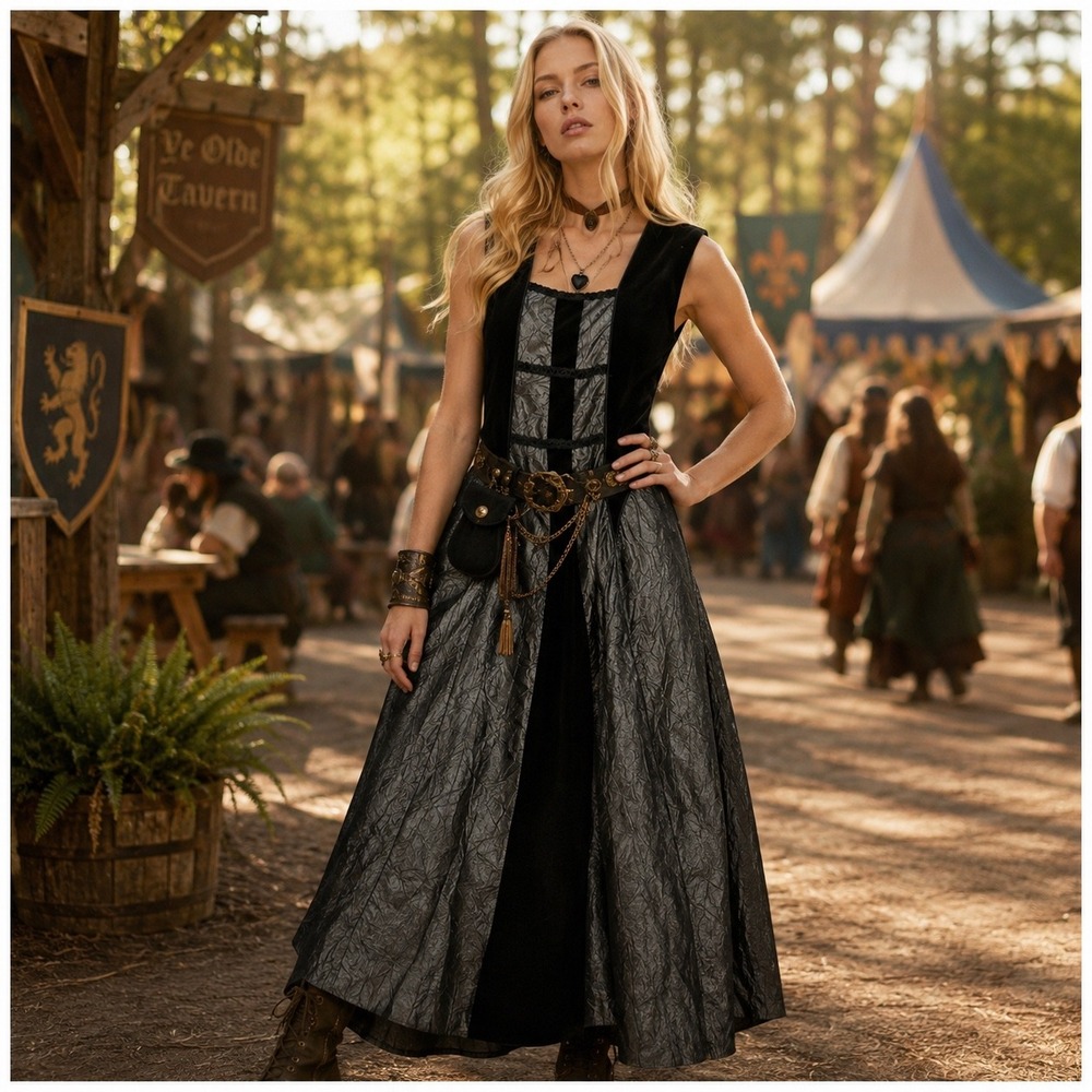Renaissance Medieval Gown Dress Womens Size S Black Silver‎ Velvet Cosplay